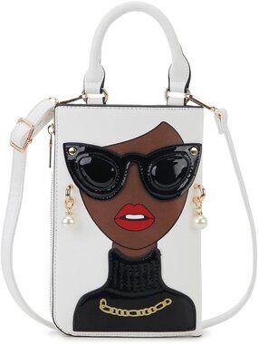 Women White a Novelty Lady Face PU Leather Shoulder Bag Handle Satchel Clutch